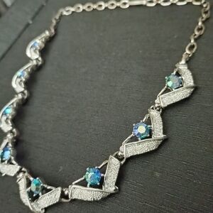 Elegant Silver and AB  Blue Women's Necklace 14 " & 2 " Extender